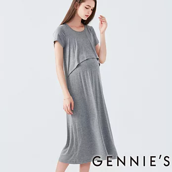 【Gennies專櫃】Gennies系列-親膚假兩件式短袖長洋M灰