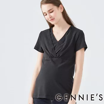 【Gennies專櫃】Gennies系列-Ｖ領抓皺短袖上衣M黑