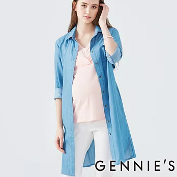 【Gennies專櫃】Gennies系列-長版綁帶牛仔襯衫M淺藍