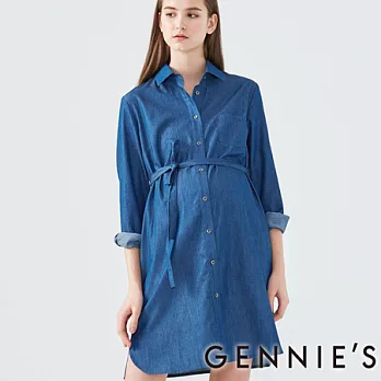 【Gennies專櫃】Gennies系列-長版綁帶牛仔襯衫M深藍