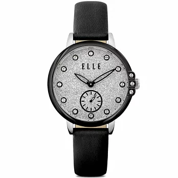 ELLE 時尚創新亮粉皮革腕錶-銀*黑色/34mm