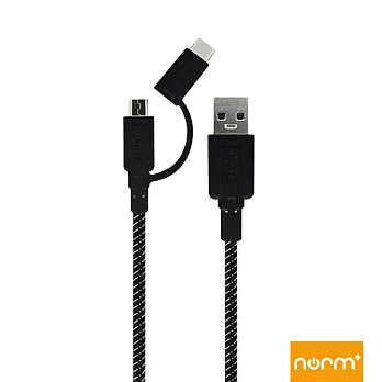 norm+ 3.1A USB Type-C/MicroUSB 二合一雙頭超耐折充電傳輸線-1.2m黑色