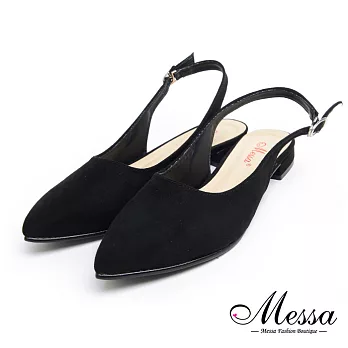 【Messa米莎專櫃女鞋】MIT質感絨面繞帶低跟尖頭鞋-黑色EU35黑色