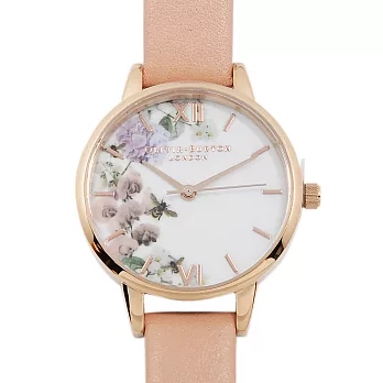 Olivia Burton 英倫復古手錶 迷幻花園花季 粉色真皮錶帶 玫瑰金錶框 30mm