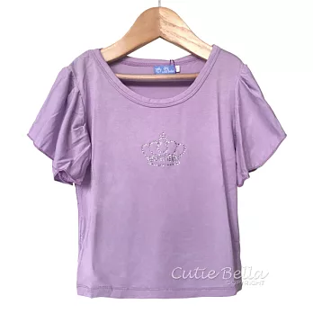 Cutie Bella荷葉袖圓領燙鑽短袖上衣/T恤/親子裝 Lavender(M)皇冠