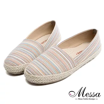 【Messa米莎專櫃女鞋】MIT繽紛多彩線條豆豆草編鞋 -米色EU35米色