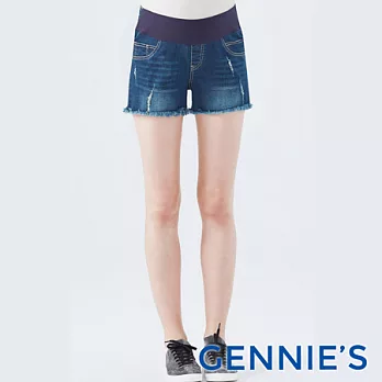 【Gennies專櫃】Gennies系列微刷破毛邊短褲深牛仔藍