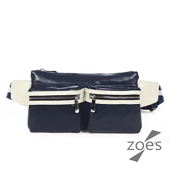 【Zoe’s】頂級牛皮油蠟皮雙口袋拉鍊腰包(深邃藍)
