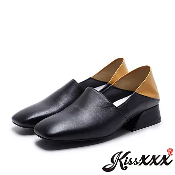 【KissXXX】小羊皮手工真皮撞色兩穿法粗跟舒適便鞋(預購)EU34黑