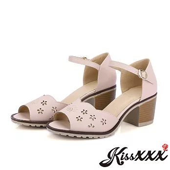 【KissXXX】時尚花邊魚嘴縷空小花造型露趾中跟涼鞋(預購)EU34粉