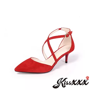 【KissXXX】真羊皮交叉線條小尖頭低跟涼鞋(預購)EU34紅
