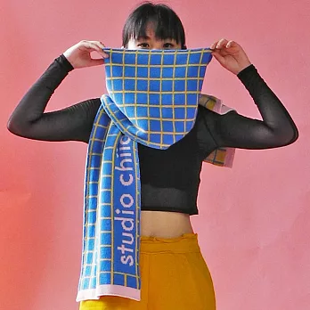 【 studio chiia 】針織多功能圍巾/蓋毯-水藍方格