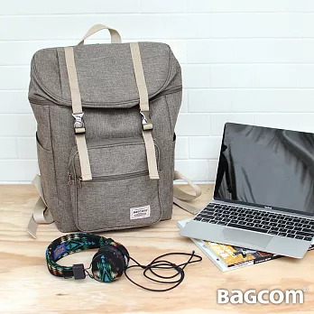 Bagcom 麻感雙釦後背包(14’’ Laptop OK)-麻淺咖