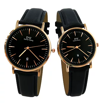 Daniel Wang DW-3181 玫針刻度日期小窗氣質皮帶錶- 黑帶黑面(小型)
