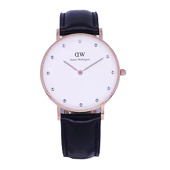 DW Daniel Wellington 經典中的珍貴收藏時尚優質晶鑽皮革腕錶-黑色+玫瑰金/34mm-0951DW