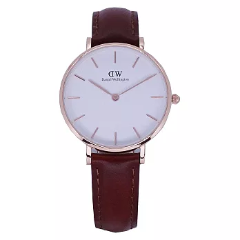 DW Daniel Wellington 經典中的獨特時尚優質淺咖啡皮革腕錶-白+玫瑰金/32mm-DW00100175