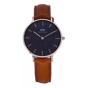 DW Daniel Wellington 經典中的獨特時尚優質麝香型咖啡皮革腕錶-黑+玫瑰金/32mm-DW00100166