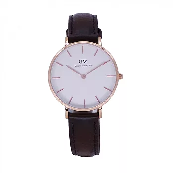 DW Daniel Wellington 經典中的獨特時尚優質深咖啡皮革腕錶-白+玫瑰金/32mm-DW00100171
