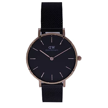DW Daniel Wellington 經典中的黑色米蘭帶風格時尚優質腕錶-黑+玫瑰金/34mm-DW00100201