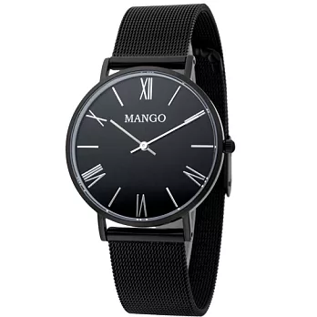 MANGO 羅馬數字米蘭錶帶時尚腕錶-黑/黑-34mm無