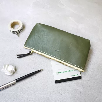 【預購商品】HANDIIN｜質感生活 日系簡約手縫皮革拉鍊筆袋/化妝包/小物包綠色綠色