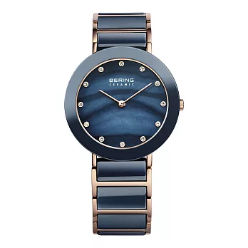 BERING丹麥精品手錶 晶鑽刻度陶瓷錶系列 北歐藍x玫瑰金35mm