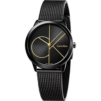 Calvin Klein LOGO主義當道米蘭風格優質時尚腕錶-36mm-黑金-K3M224X1