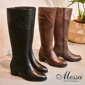 【Messa米莎專櫃女鞋】簡約個性全牛皮木紋中跟長筒靴-二色EU35咖啡
