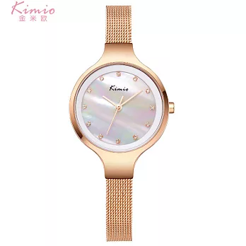 Kimio 金米歐 K-6225 珍珠光彩刷色優雅米蘭鐵帶錶- 玫帶白面