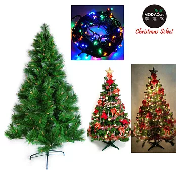 【摩達客】台灣製7呎/ 7尺(210cm)特級綠松針葉聖誕樹 (含飾品組)+100燈LED燈2串(附控制器跳機)紅金色系-四彩光