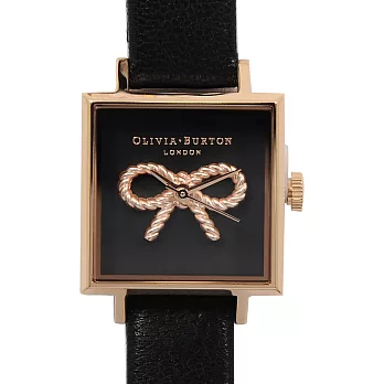 Olivia Burton 3D蝴蝶結方形錶盤 黑色真皮錶帶玫瑰金框-23mm