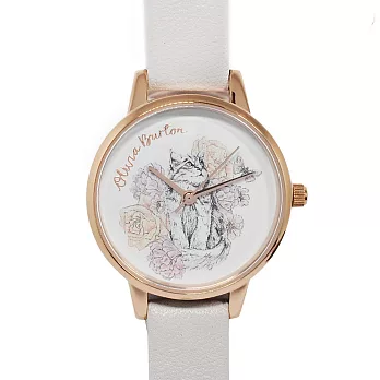 Olivia Burton 英倫復古手錶 可愛小貓花園淺灰真皮錶帶玫瑰金框-30mm