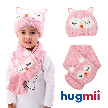 【hugmii】兒童動物造型帽及圍巾組合_粉貓頭鷹