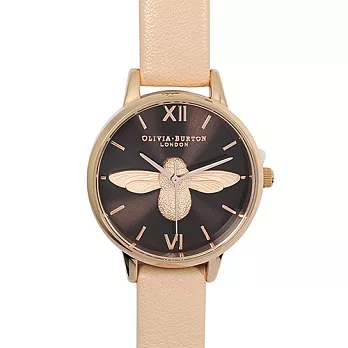 Olivia Burton 3D立體蜜蜂 粉色真皮錶帶 棕色錶面玫瑰金框手錶30mm