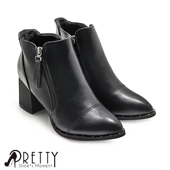 【Pretty】歐美鉚釘雙拉鍊尖頭粗高跟短靴EU38黑色
