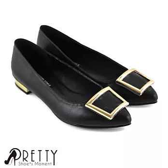 【Pretty】質感方框皮革金屬平底尖頭鞋JP22.5黑皮