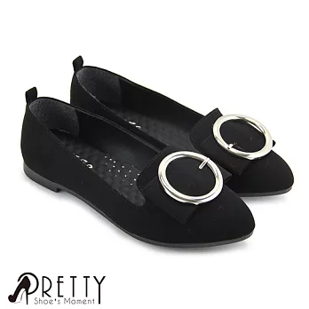 【Pretty】質感圓框寬帶絨布平底尖頭鞋EU36黑毛