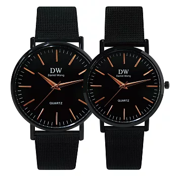 Daniel Wang DW-3192 時尚簡約氣質玫色指針優雅米蘭針織鐵帶錶 - 黑帶黑框 大型