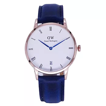 DW Daniel Wellington 經典中的珍貴收藏時尚優質羅馬腕錶-藍皮革+玫瑰金/38mm-1104DW