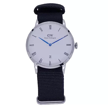 DW Daniel Wellington 經典中的收藏羅馬時尚優質腕錶-黑色帆布+銀殼/38mm-DW00100262