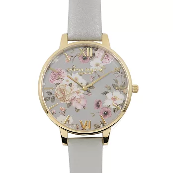 Olivia Burton 英倫復古手錶 迷幻花園花季 灰色真皮錶帶 灰表面金框 38mm