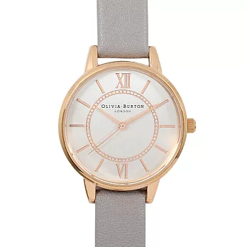 Olivia Burton 英倫復古手錶 夢幻樂園 灰色真皮錶帶 銀色錶框30mm