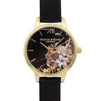 Olivia Burton 英倫復古手錶 大理石花卉紋路黑色真皮錶帶金框30mm