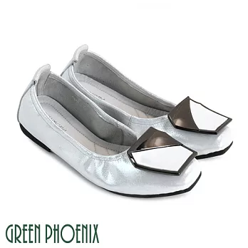 ◤Green Phoenix◥六角型金屬裝飾全真皮珠光感平底娃娃鞋EU35銀色