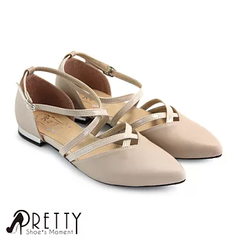 【Pretty】美型交叉側扣繞踝平底尖頭包鞋JP23.5米色