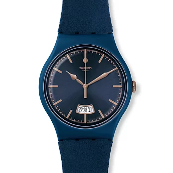 Swatch深藍魅力麂皮風格石英腕錶 SUON400