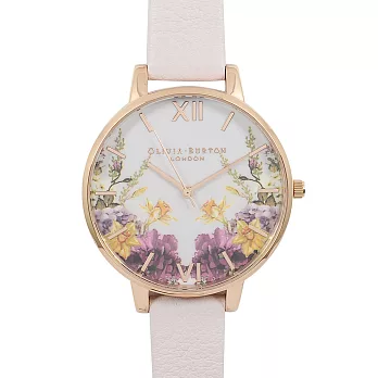 Olivia Burton 英倫復古手錶 魔幻花園玫瑰金框 淺粉色真皮錶帶38mm