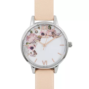 Olivia Burton 迷幻花園花季粉膚色真皮錶帶銀錶框手錶 30mm