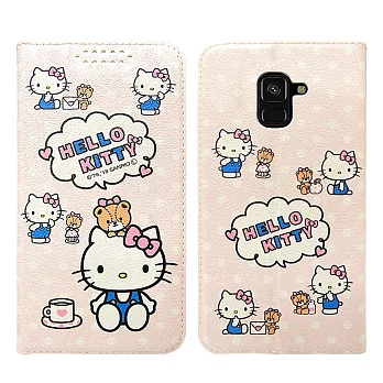 三麗鷗授權 Hello Kitty貓 Samsung Galaxy A8+(2018) 粉嫩系列彩繪磁力皮套(小熊) 有吊飾孔