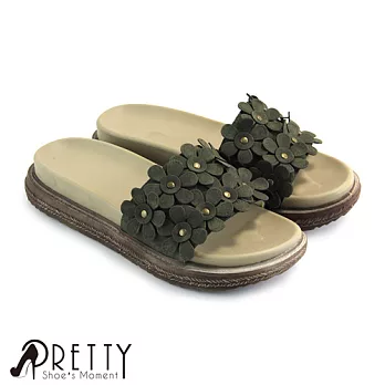 【Pretty】小花堆疊平底拖鞋EU37綠色